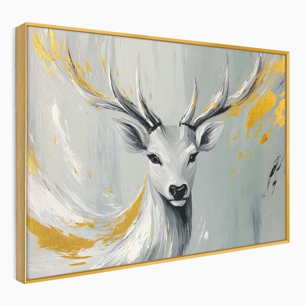 Tablou canvas cu pictura cu portret de cerb si detalii aurii, in rama de aluminiu auriu
